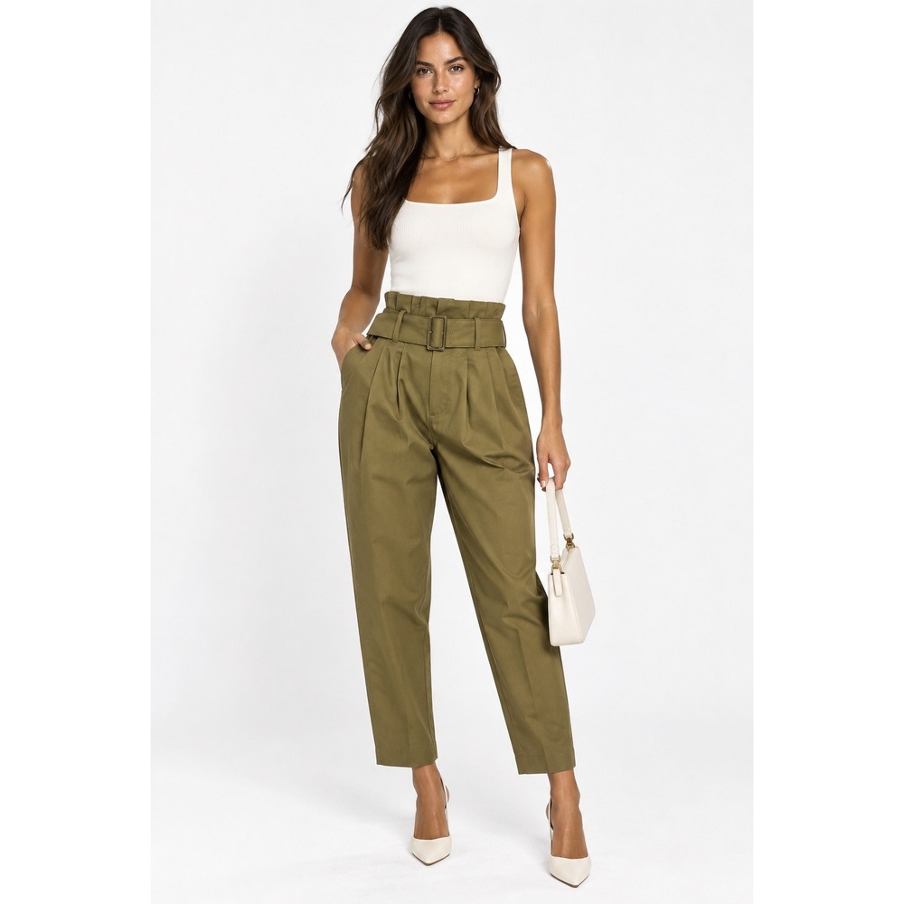 MNG mango Suit Womens Olive Green Khaki High Waist Pleated Belted Trousers US 2